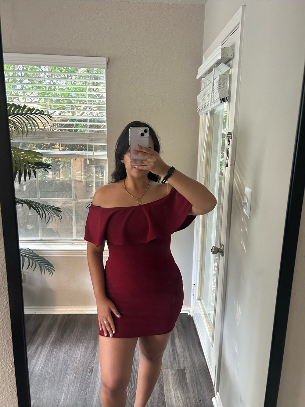 Windsor Off-Shoulder Ruffle Mini Dress in Burgundy